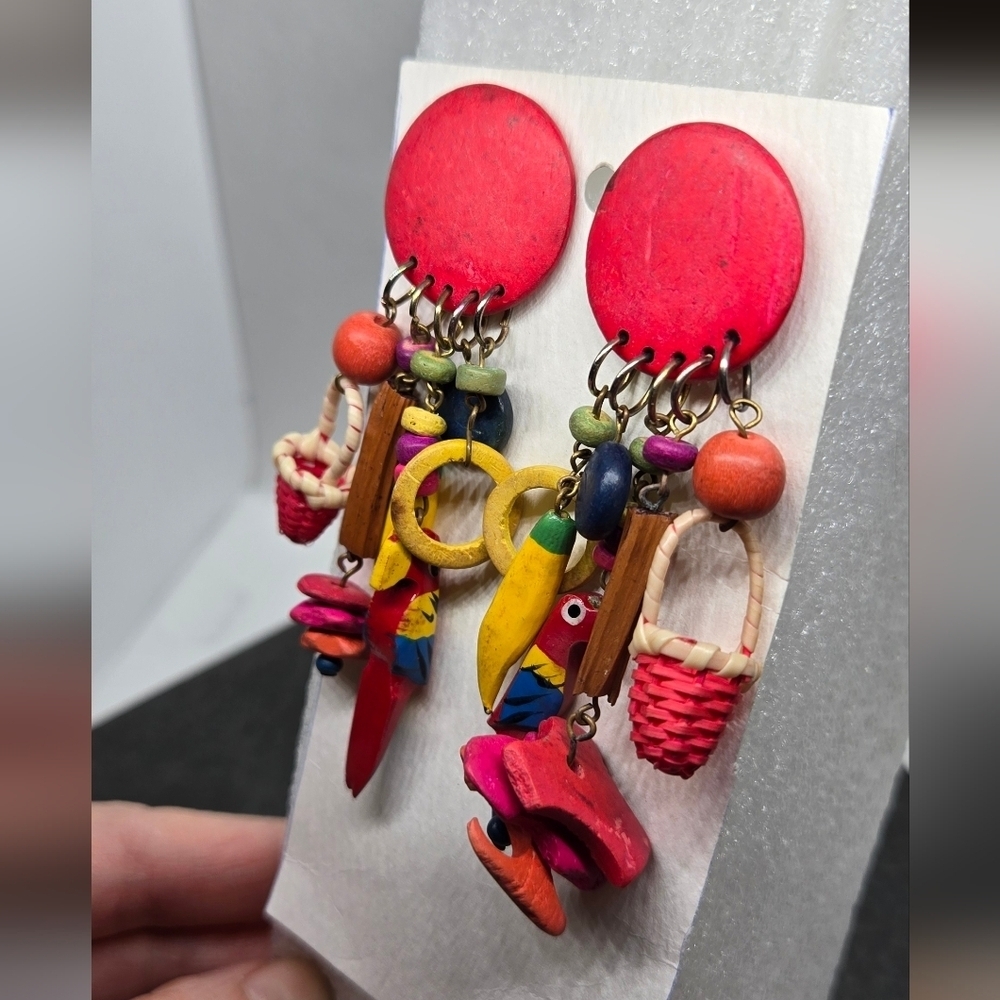 Artisan Colorful Parrot Banana Beads Wooden Dangle Earrings - Picture 5 of 15